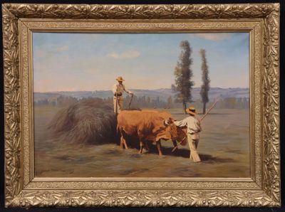 un tableau représentant un homme et une vache dans un champ