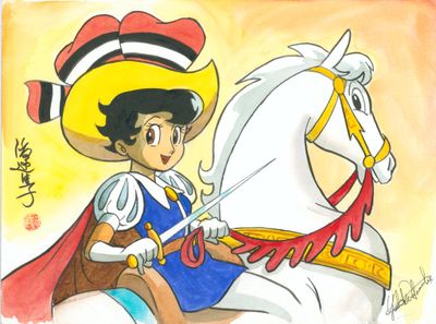 painting of a young boy riding a white horse with a red cape
