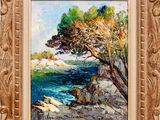 une peinture représentant une peinture d'un arbre sur un rivage rocheux