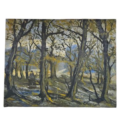 an oil painting of a wooded scene with trees and a river