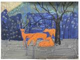 un tableau représentant deux renards dans un champ, près d'un arbre