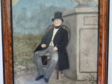 un tableau représentant un homme coiffé d'un haut-de-forme, assis sur une chaise