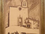 une vieille photo d'une église devant laquelle se trouve une calèche