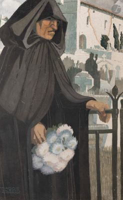 tableau représentant une femme vêtue d'une robe noire, debout devant une clôture