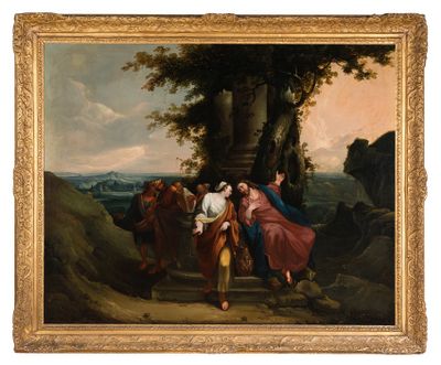 an image of a painting of a man holding a woman ' s hand