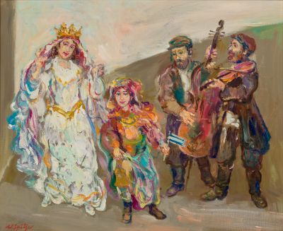 une peinture à l'huile représentant un groupe de personnes debout les unes à côté des autres