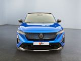the front view of a blue car in a white room