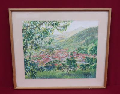 aquarelle encadrée représentant une vue d'un village de montagne