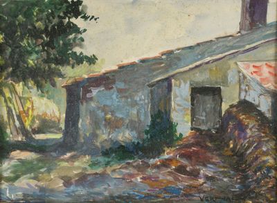 une peinture à l'huile représentant une grange avec un arbre au premier plan