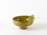 a small green bowl with a sprig of parsley on it