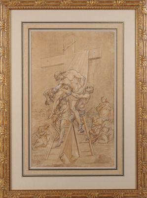 un dessin représentant un homme sur une échelle, avec une croix en arrière-plan
