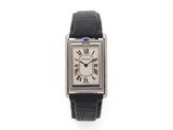 Montre-bracelet Cartier en or blanc 18 carats à remontage manuel, avec bracelet en cuir noir