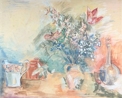 un tableau représentant des vases et des fleurs posés sur une table