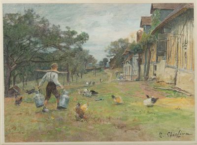 painting of a boy feeding chickens on a farm in a village