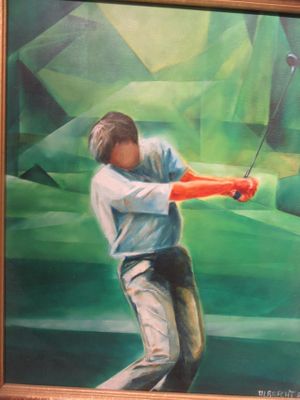 tableau représentant un homme brandissant un club de golf sur un fond vert