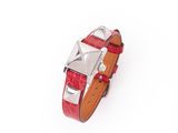 a red leather bracelet with a silver buckle on a white background
