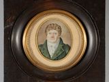 portrait d'un homme en manteau vert, dans un cadre en bois