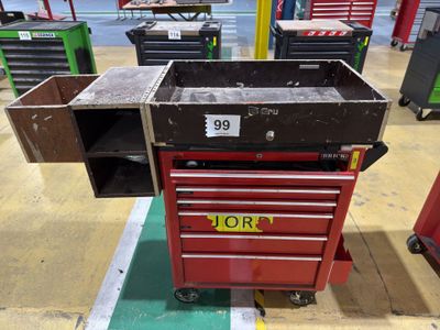 a red tool box sitting on top of a table