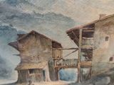 a painting of a village scene with people sitting on the ground