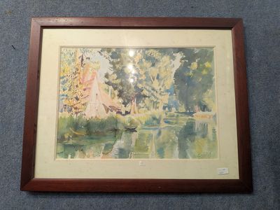 aquarelle encadrée représentant un bateau sur un lac, dans un cadre boisé