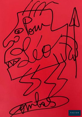 a red book cover with a drawing of a man holding a spear
