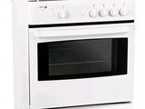 white stove with four burners and electronic controls against a white background