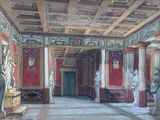 a painting of a large room with statues on the walls