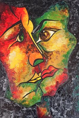 un tableau représentant le visage d'une femme sur lequel est posée une feuille