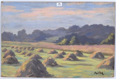 une peinture à l'huile représentant des meules de foin dans un champ, avec des arbres en arrière-plan