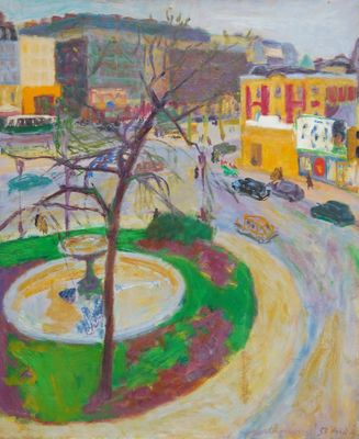 an image of a painting of a city street with a fountain