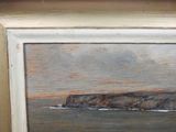 an oil painting of a lighthouse in the distance on a beach