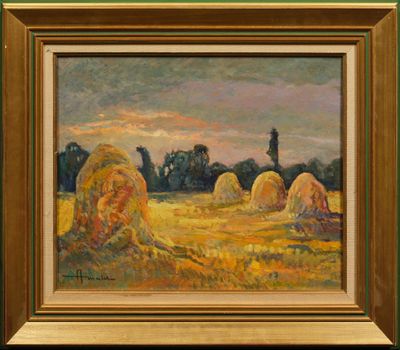 Albert MALET (1905-1986) Meules de foin au crépusculé