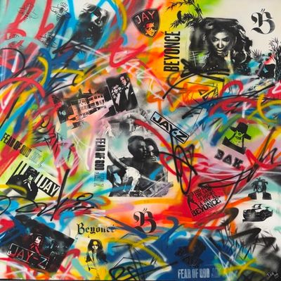 peinture représentant un tas d'autocollants sur un mur recouvert de graffitis