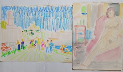 two drawings of a woman sitting on a bench