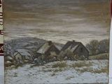 une photo d'un tableau représentant une ferme sous la neige