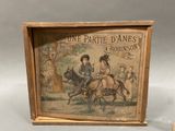 a picture of a picture of a man and a woman riding a horse