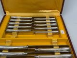 six knives in a yellow case on a table