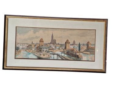peinture d'une vue d'une ville avec une rivière et un pont