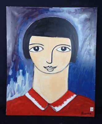 tableau représentant une femme vêtue d'un t-shirt rouge