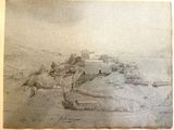 an old drawing of a small village in the middle of a desert