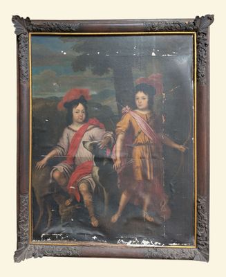 tableau représentant deux enfants dans un paysage, en compagnie d'un chien et d'un chat