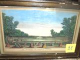 une peinture à l'huile représentant une vue d'un parc avec des personnes