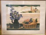 painting of a basket of fruit and flowers on a table with a building in the background