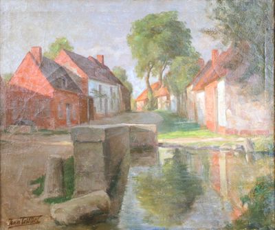 an oil painting of a river running through a town with a bridge