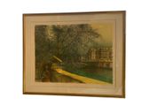 painting of a river scene with a bridge and buildings in the background
