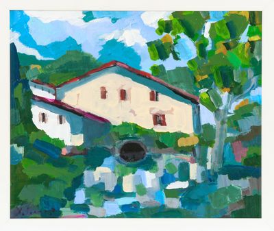 une peinture à l'huile représentant une maison blanche au toit rouge, entourée d'arbres verts