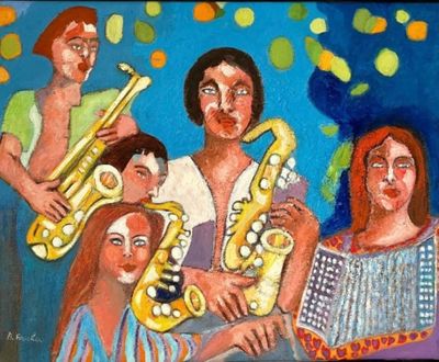une peinture représentant un groupe de personnes jouant d'un instrument