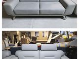 two pictures of a couch and a reclining chair in a warehouse