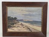 an oil painting of a beach scene with sand dunes and trees