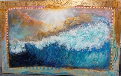 tableau représentant une vague, dans un cadre, avec le soleil en arrière-plan